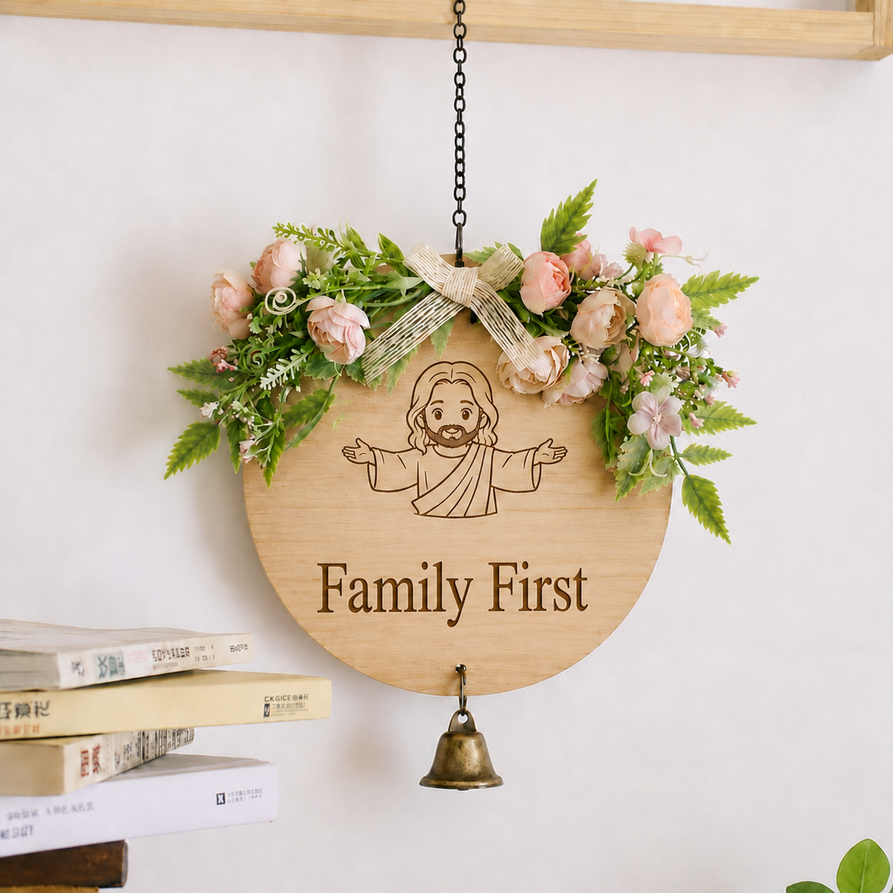 Family First, Jesus Welcome Door Sign with Greenery Wreath – Farmhouse Front Door Decor for Indoor & Outdoor Home, Housewarming Gift with Bonus Damage-Free Hook
