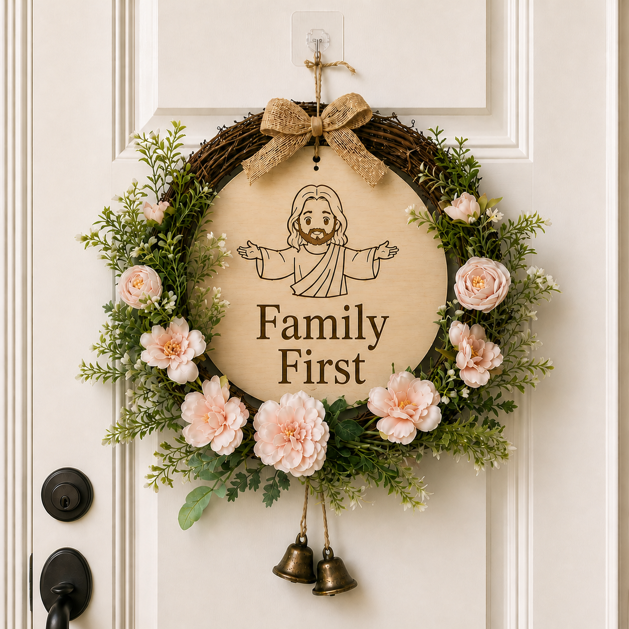 Family First, Jesus Welcome Door Sign with Greenery Wreath – Farmhouse Front Door Decor for Indoor & Outdoor Home, Housewarming Gift with Bonus Damage-Free Hook