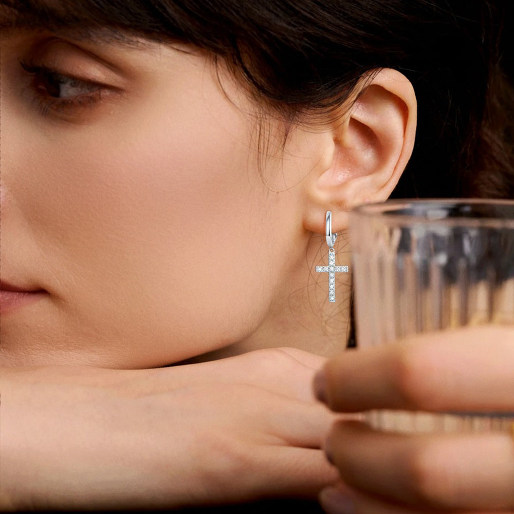 Moissanite Cross Drop Huggie Earrings in 925 Sterling Silver