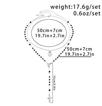 Layered Cross Black Bead Necklace