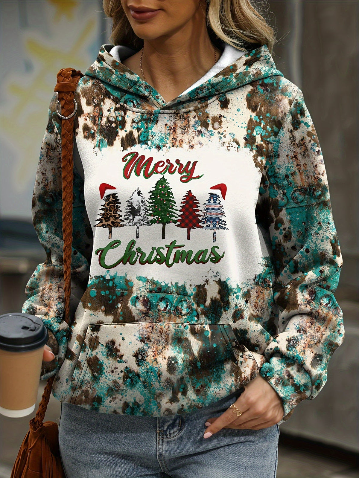 Women's Autumn Winter Hooded Lounge Top – Christmas Tree & Slogan Print, Casual Long Sleeve Pullover