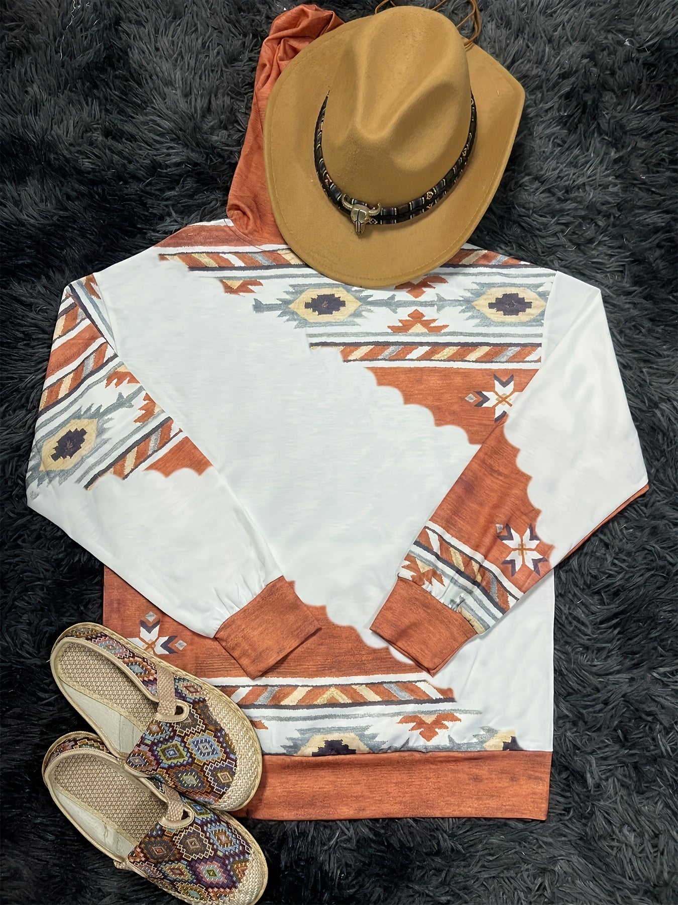 Vintage Cow Head Print Kangaroo Pocket Hoodie, Women's Drawstring Pullover Sweatshirt with Unique Design