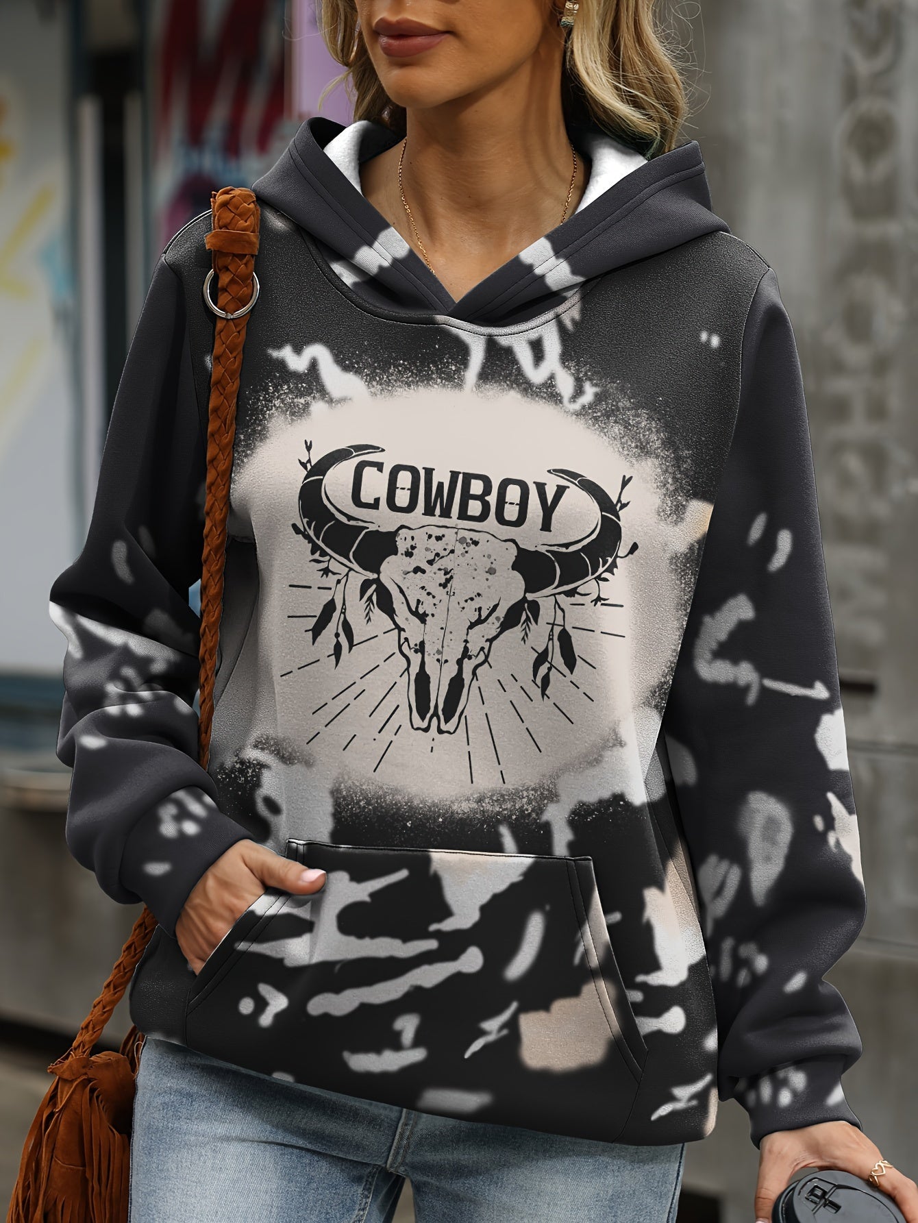 Women's Casual Fashion Pullover Hoodie, PA2779, Polyester, Cowboy Skull Print, Autumn/Winter, Knit Top, Adult Home Wear