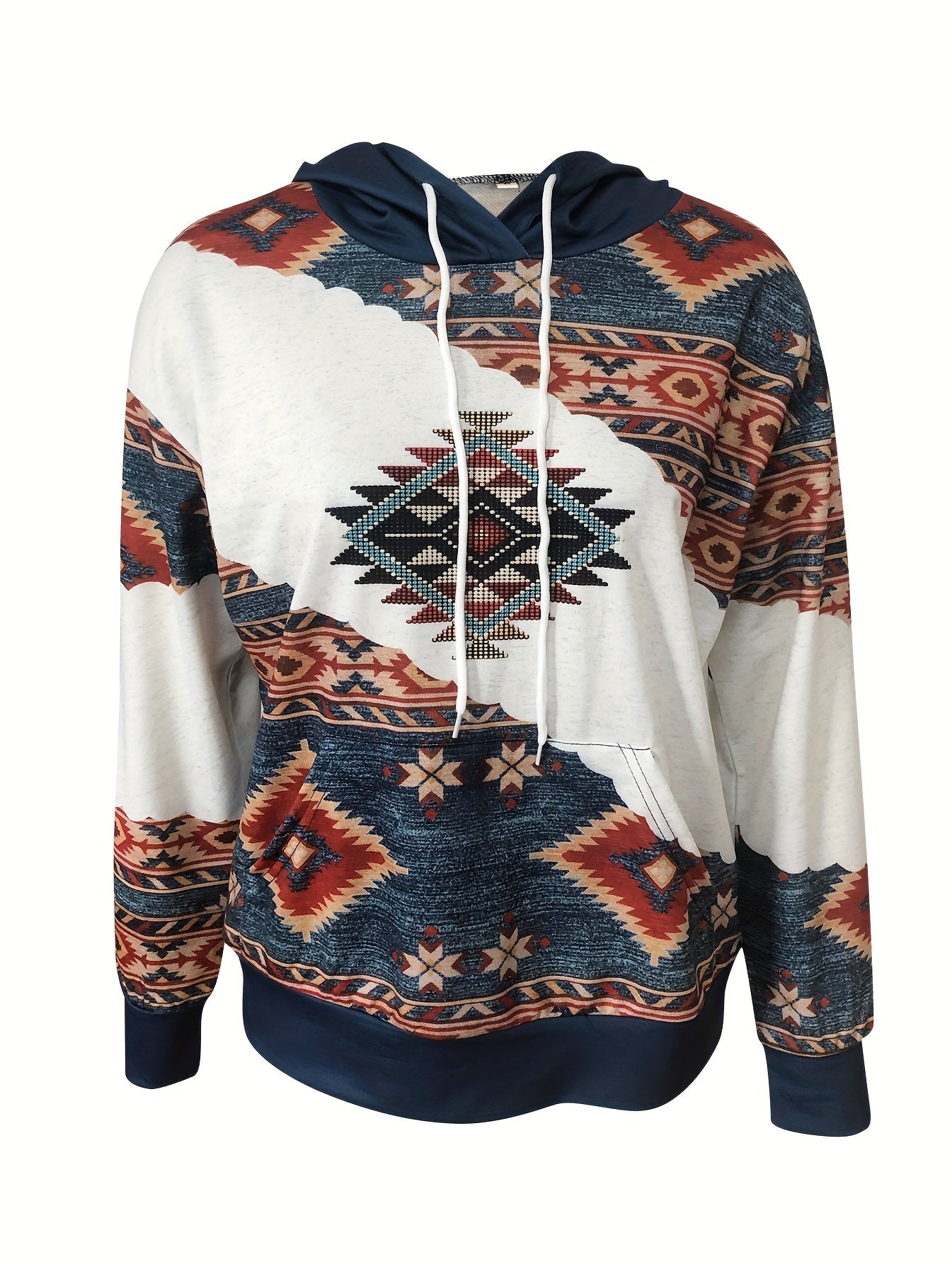 Women's Aztec Print Drawstring Hoodie with Kangaroo Pocket, Long Sleeve