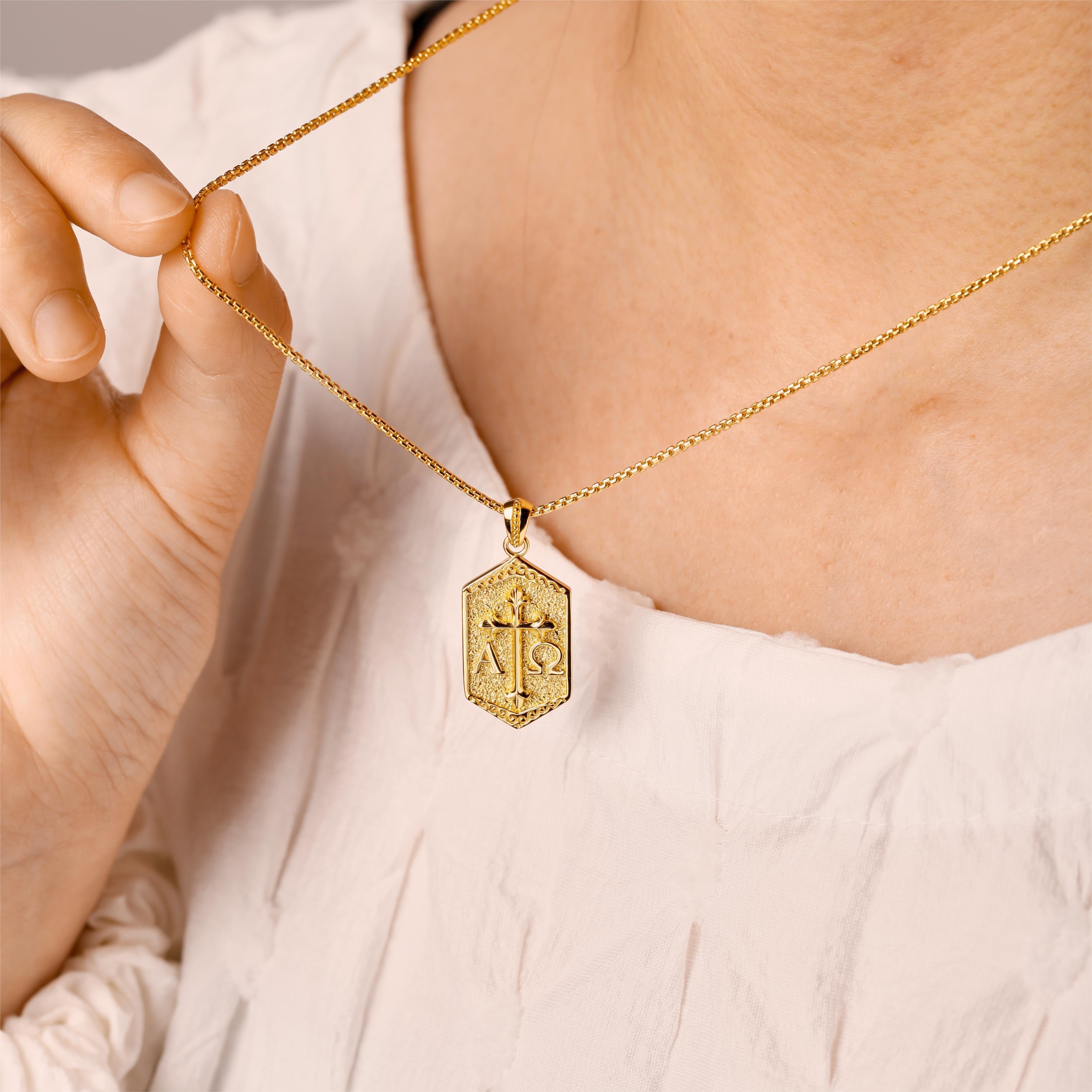 Personalized Hexagonal Alpha Omega Cross Medallion Necklace