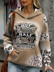 Letter & Leopard Print Kangaroo Pocket Hoodie, Casual Long Sleeve Hoodies Sweatshirt, Women's Clothing