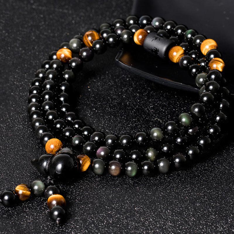 Faith Nova Natural Black Obsidian Rainbow Obsidian Gourd Blessing Bracelet Mala