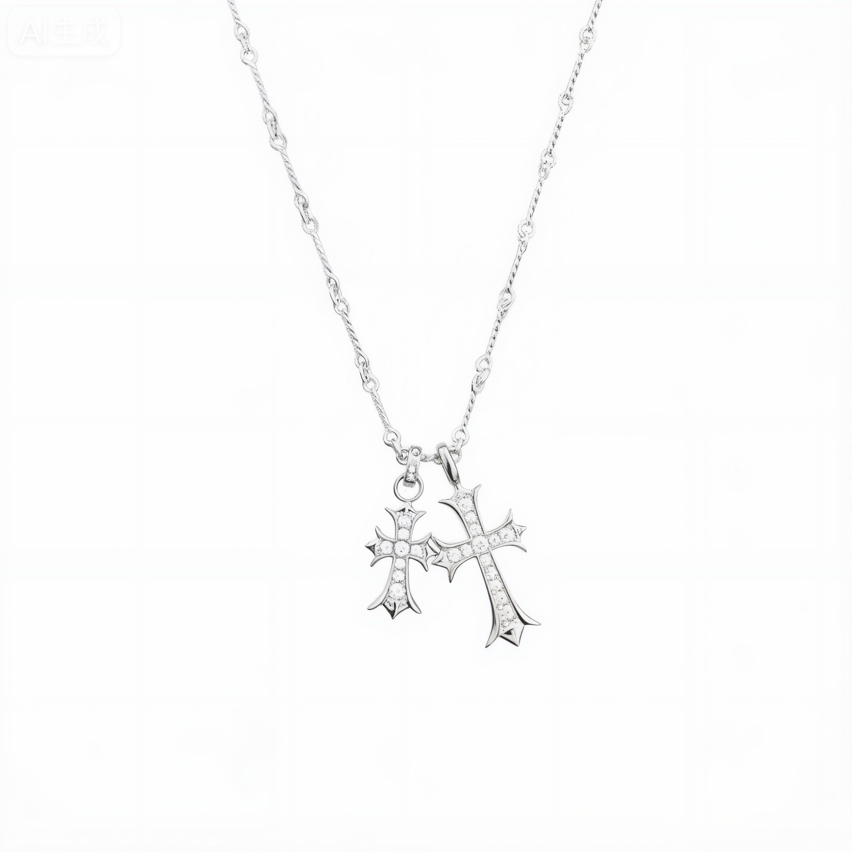 Sacred Dual Cross Heart Pendant Necklace – 925 Silver with Sparkling Stones