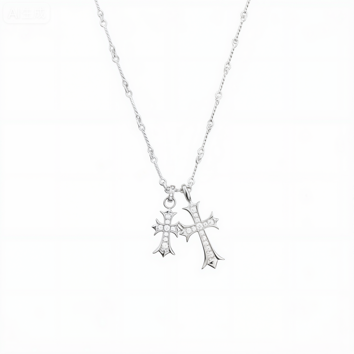 Sacred Dual Cross Heart Pendant Necklace – 925 Silver with Sparkling Stones