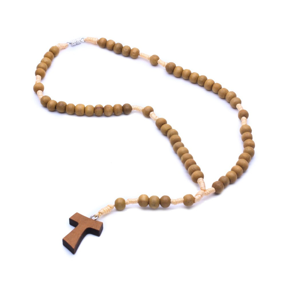 Short Wooden Rosary Necklace – Handcrafted Beads with Cross