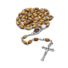 Pine Wood Rosary Necklace – Rice-Shaped Beads with Cross
