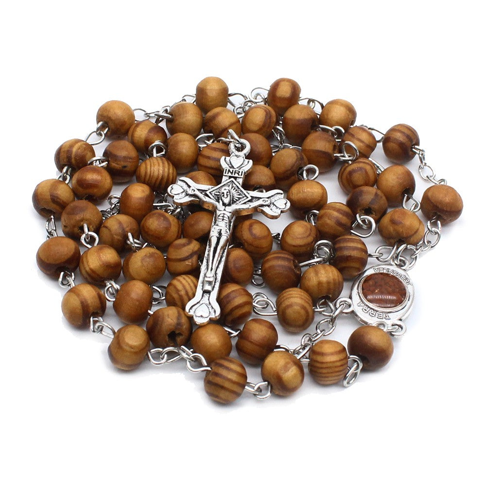 8mm Pine Wood Rosary Necklace – Cross Pendant