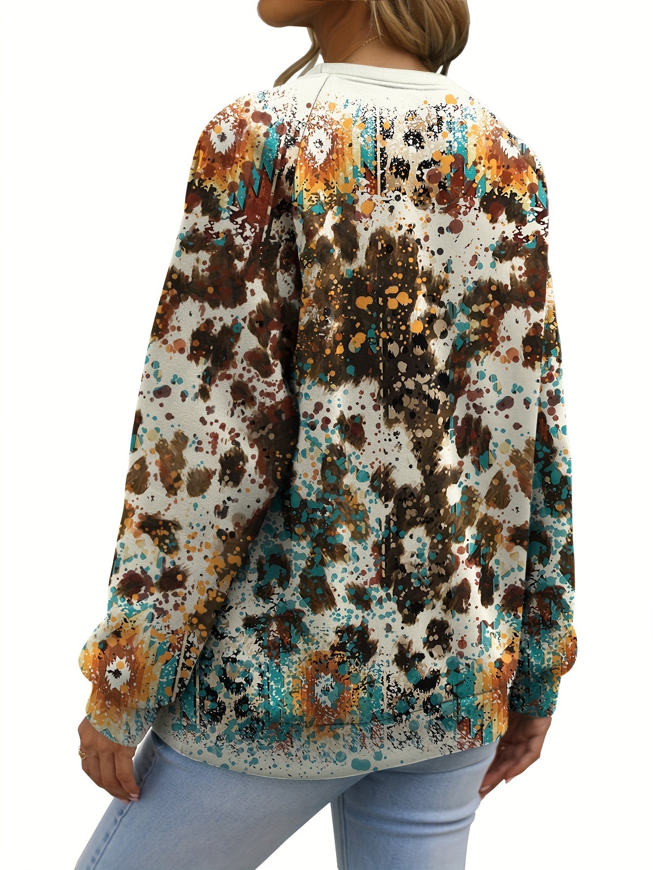 Women's Western Style Car & Slogan Tie Dye Lounge Top – Long Sleeve Crew Neck Pullover for Fall & Winter