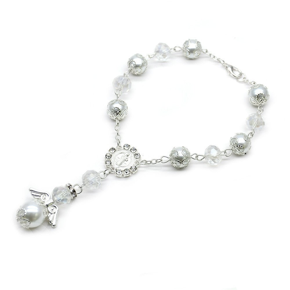 Angel Crystal Rosary Bracelet – St. Benedict Cross Prayer Beads