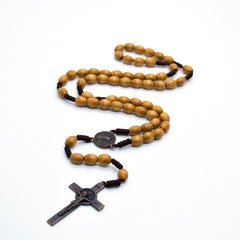 Vintage Wooden Rosary Necklace – Handcrafted Rice-Shaped Beads with Cross
