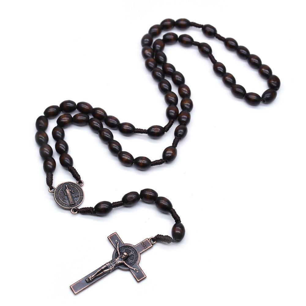 Vintage Wooden Rosary Necklace – Handcrafted Rice-Shaped Beads with Cross