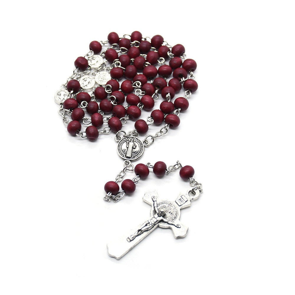 St. Benedict Burgundy Wooden Rosary Necklace – Handcrafted Cross