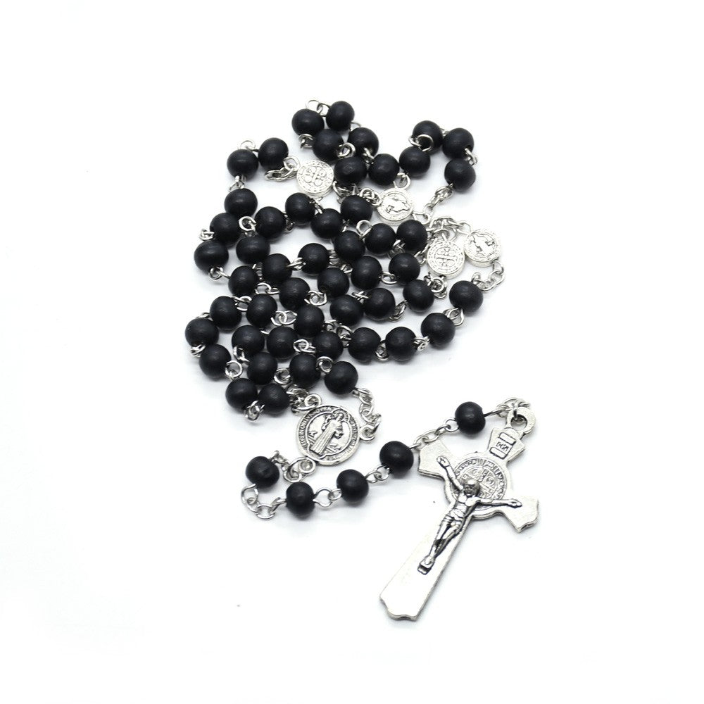 Black Wooden Rosary Necklace – St. Benedict Cross