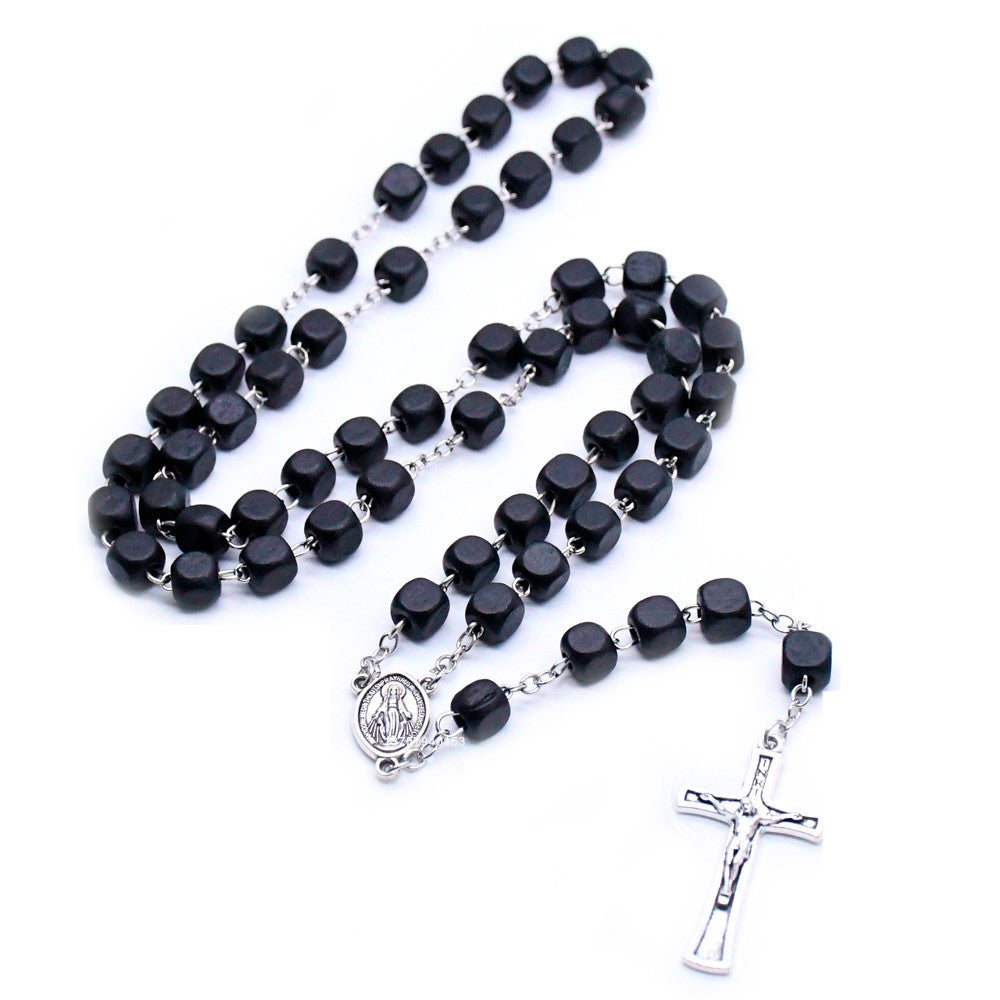 Black Wooden Rosary Necklace – Square Beads with Cross Pendant