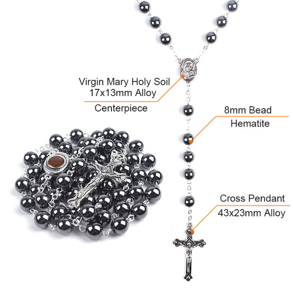 Madonna and Child & Crucifix of 8 mm Round Black Hematite Alloy Chain Rosary