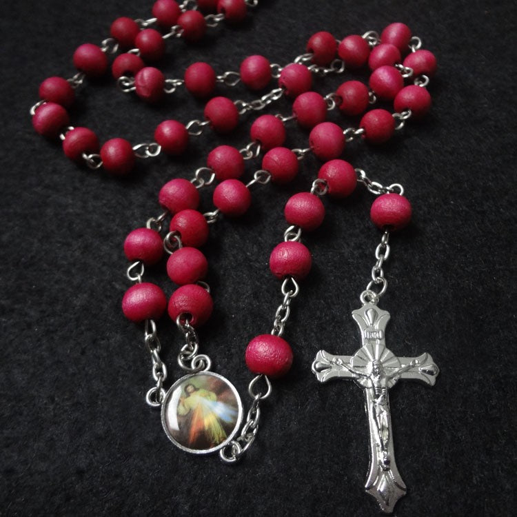Burgundy Wooden Rosary Necklace – Cross Pendant