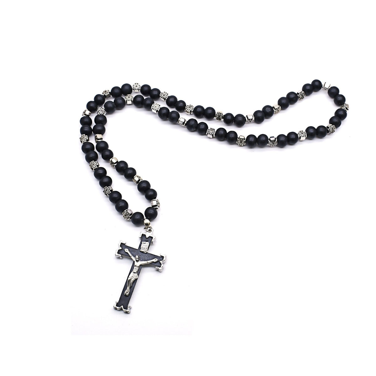 Black / White Wooden Rosary Bracelet – Cross Beaded Design