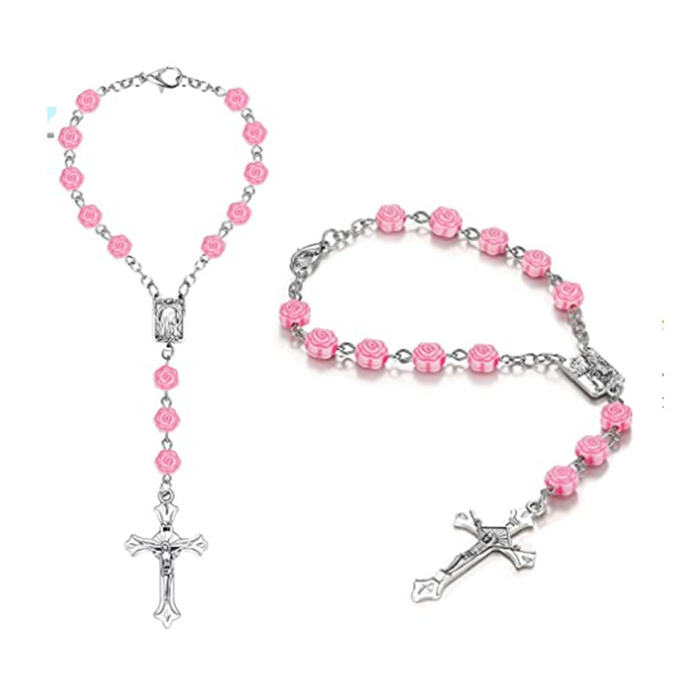Pink Rose Rosary Bracelet – Cross Beads (Car Charm)