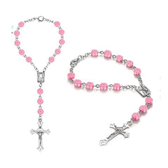 Pink Rose Rosary Bracelet – Cross Beads (Car Charm)