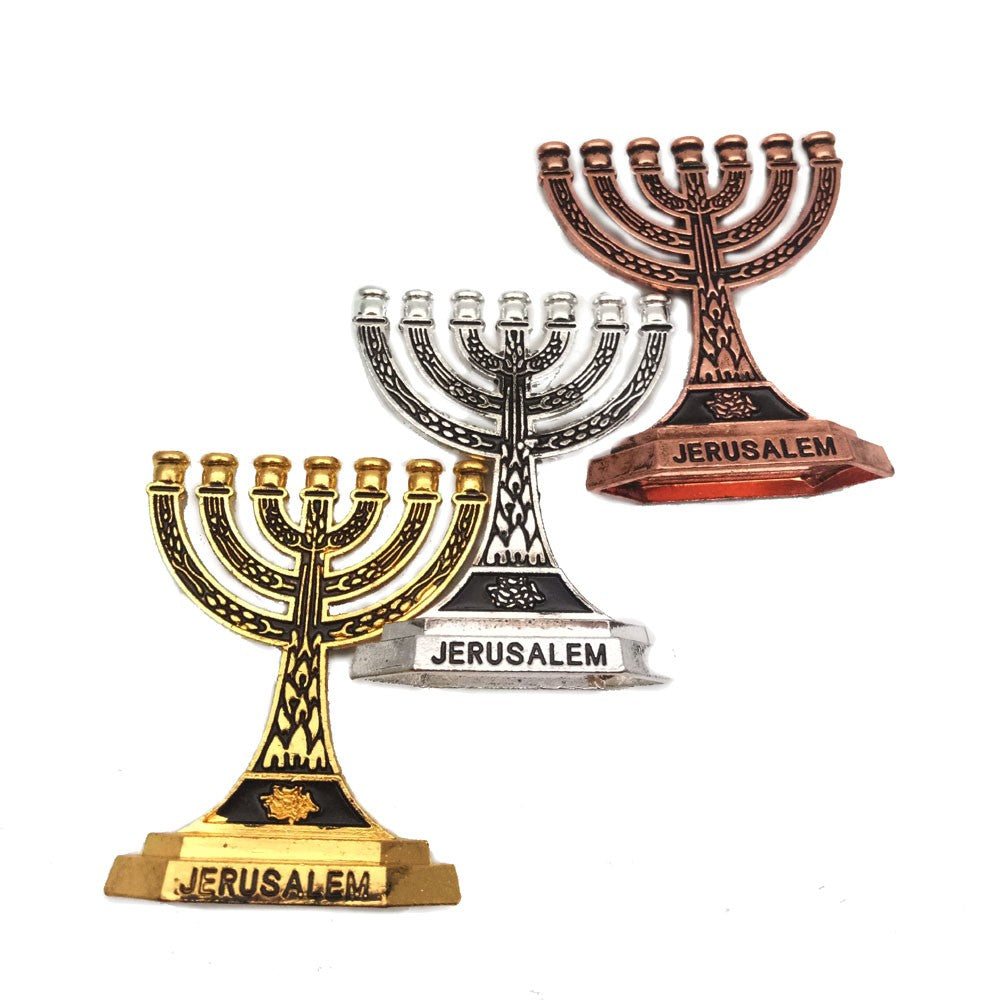 3-Piece Alloy Menorah Candle Holder Ornament Set for Home, Office & Religious Decor