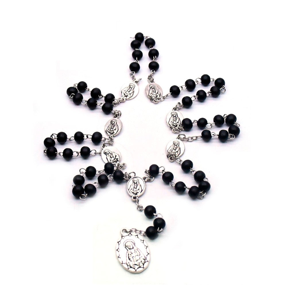 Catholic Seven Sorrows Rosary Necklace – Wooden Prayer Beads with Cross
