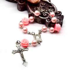 8mm Pearl Rosary Bracelet – Rose Beads with Cross (Car Charm)