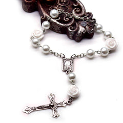 8mm Pearl Rosary Bracelet – Rose Beads with Cross (Car Charm)