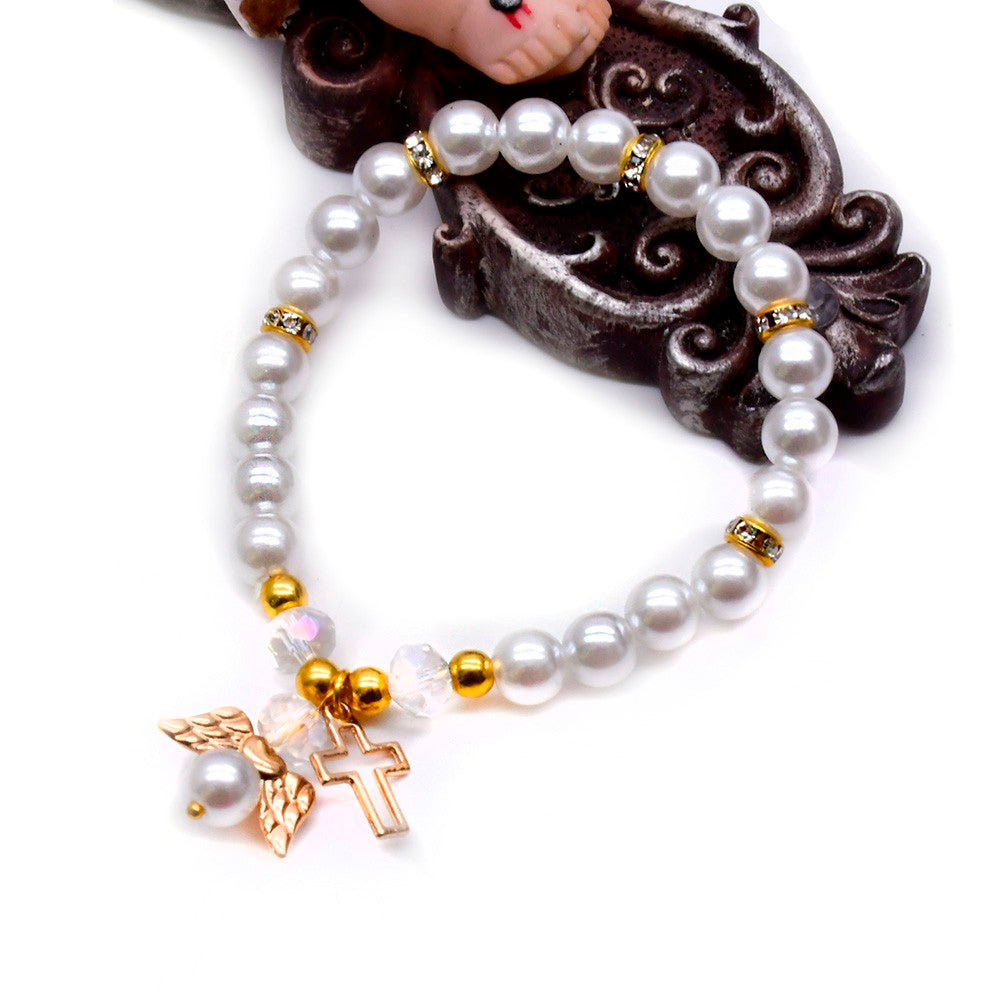 Angel Cross Pearl Bracelet – White & Pink Baptism Rosary