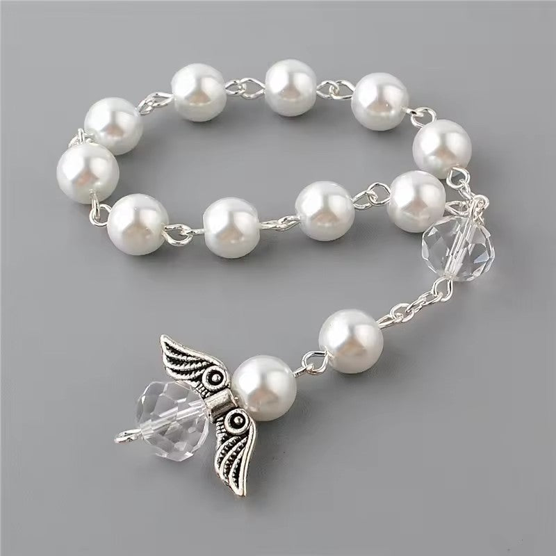 Angel Wing Pearl Rosary Bracelet – 8mm Baptism Beads