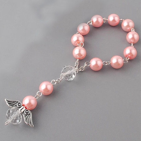 Angel Wing Pearl Rosary Bracelet – 8mm Baptism Beads