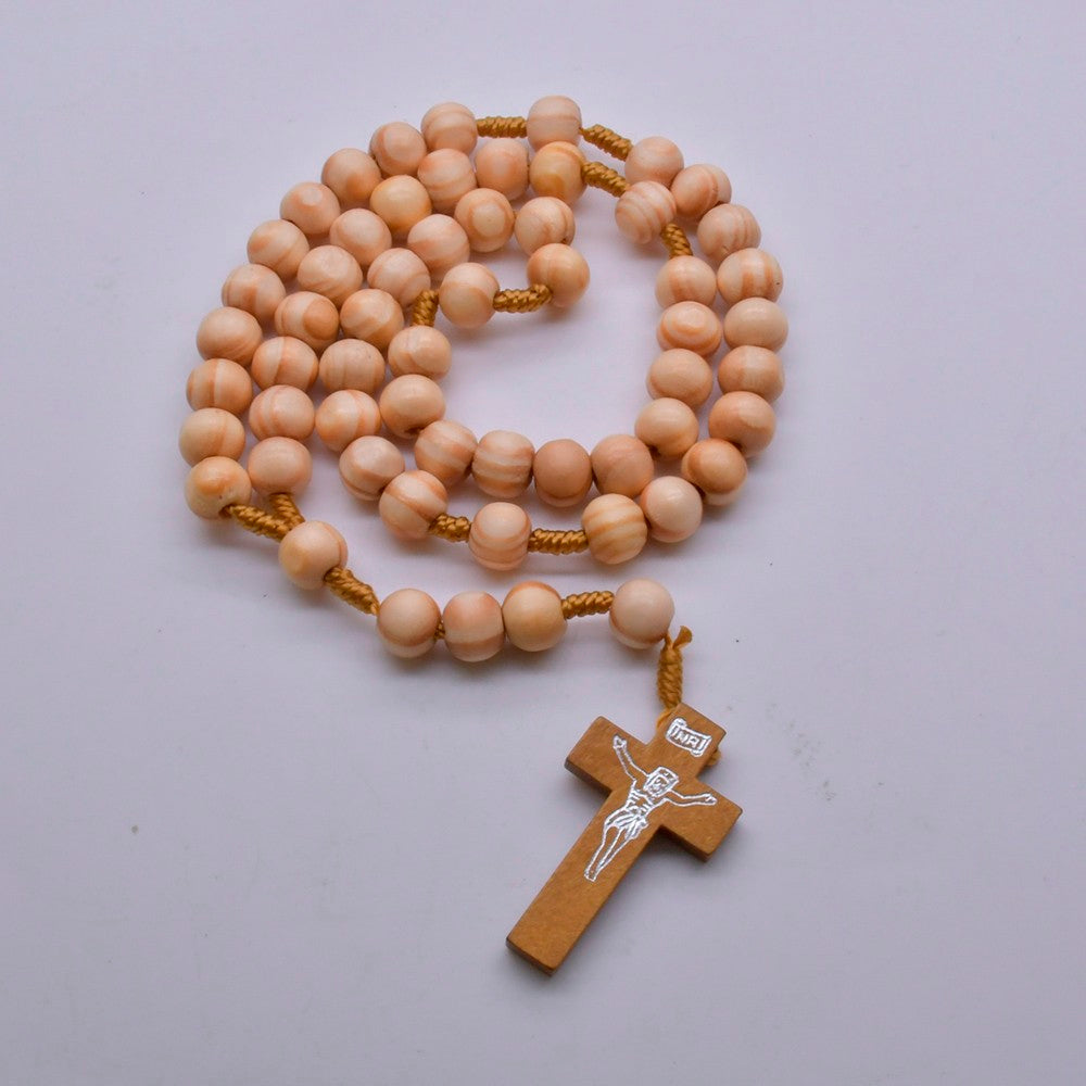 Pine Wood Rosary Necklace – Handcrafted Cross with Braided Cord
