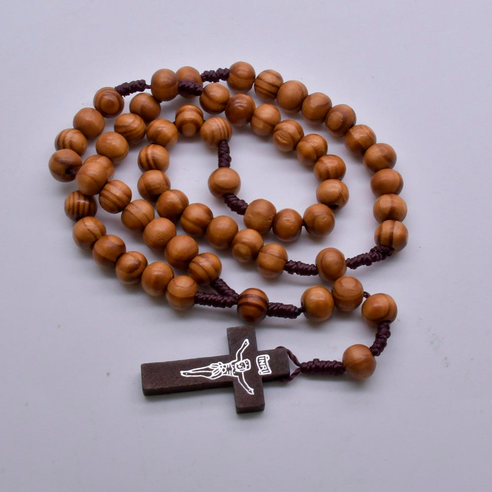 Pine Wood Rosary Necklace – Handcrafted Cross with Braided Cord