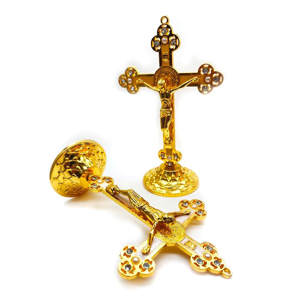 Gold Alloy Cross Ornament Stand with Rhinestones for Home, Office & Car Decor