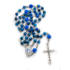 Catholic Blue Rosary Necklace – 6mm Enamel Beads with Cross & Rose Medals