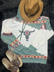 Women's Aztec Print Crew Neck Hoodie with Drawstring & Kangaroo Pocket – Soft, Vintage-Inspired, Ideal for Spring & Fall