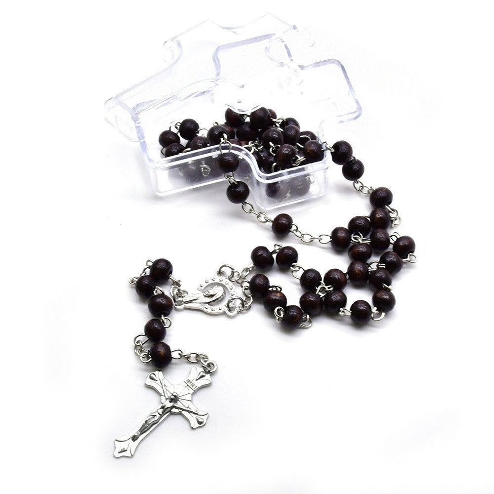 Black / Brown Wooden Rosary Necklace – Handcrafted Cross