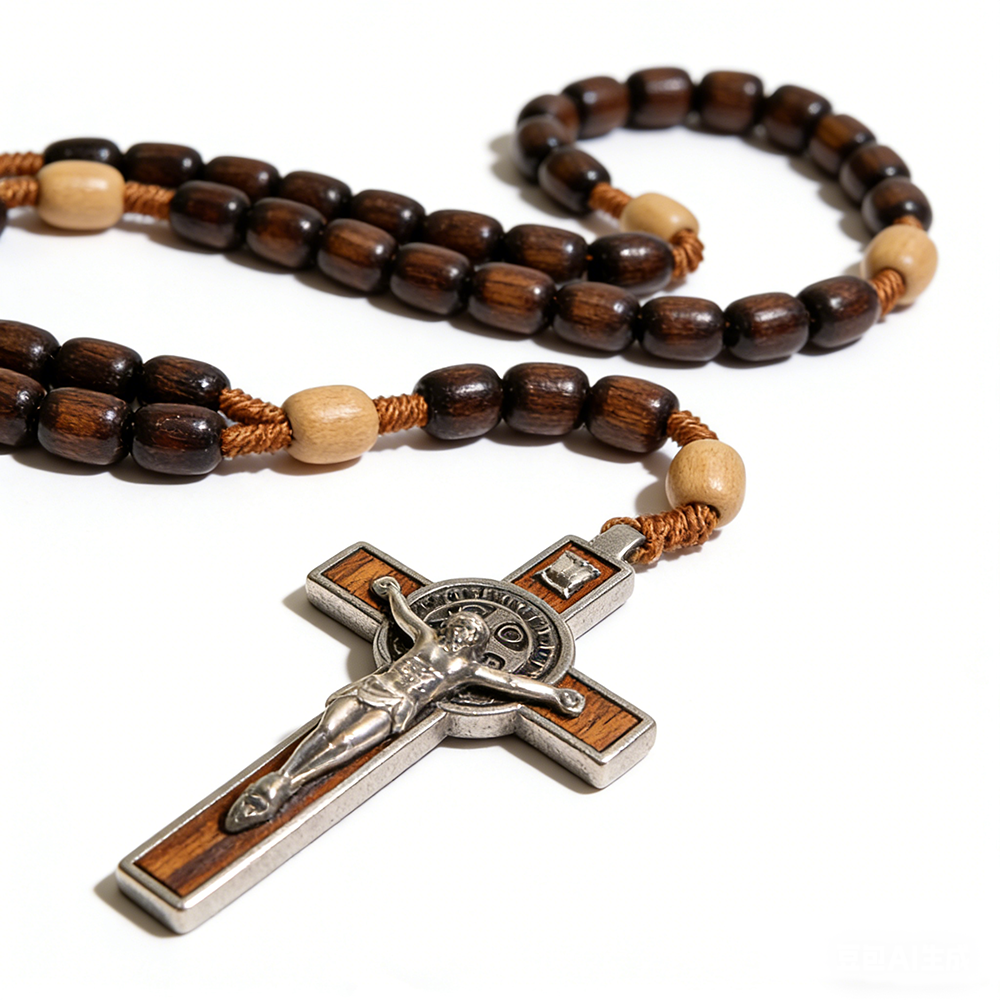 Catholic Wooden Rosary Necklace – Large Brown Beads with Cross Pendant