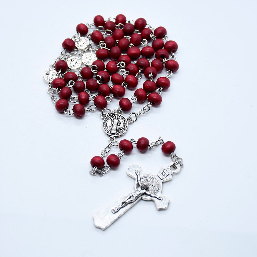 St. Benedict Wooden Rosary Necklace – Handcrafted Pine Beads with Cross
