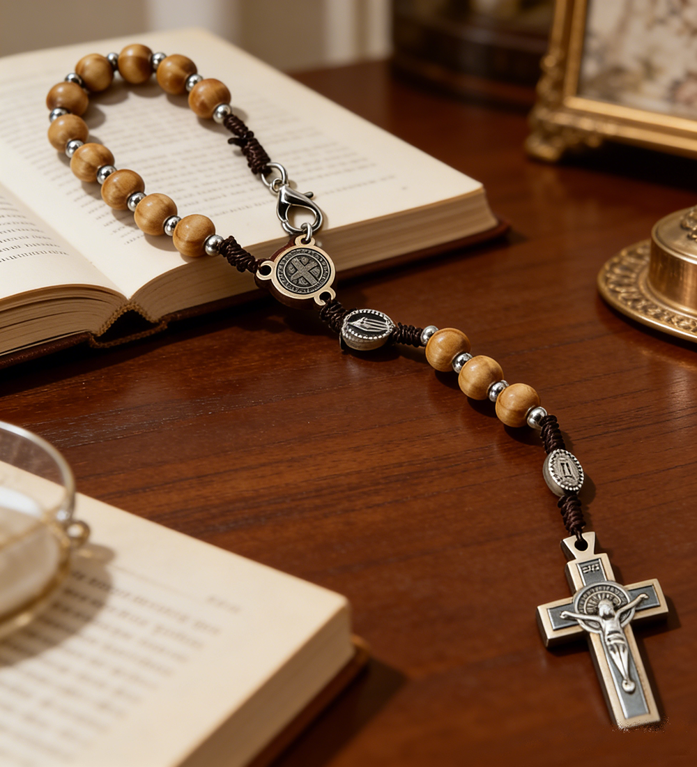 Vintage Wooden Rosary Car Hanging – Cross Beaded Ornament