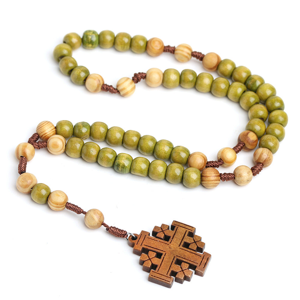 Two-Tone Wooden Catholic Rosary Necklace with Carved Cross