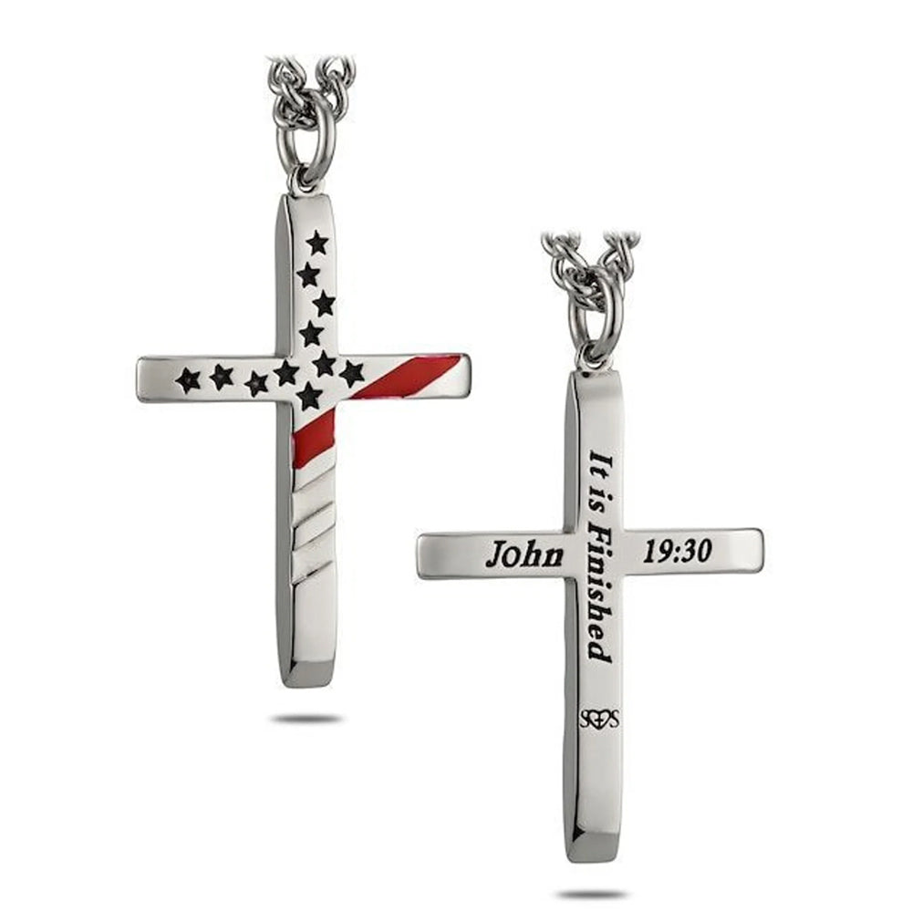 Patriotic Thin Red Line Cross Necklace with John 19:30 Inscription