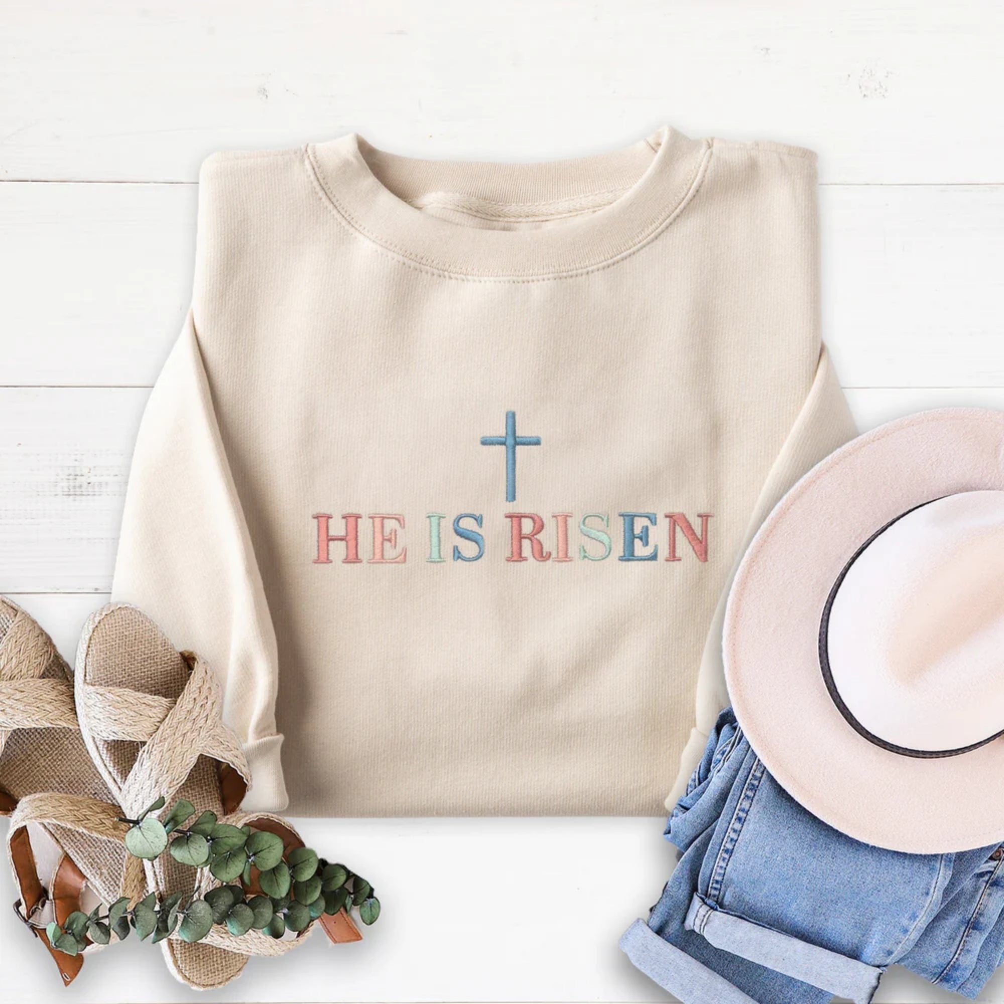 [Faith Deal] Embroidered He is Risen Sweatshirt