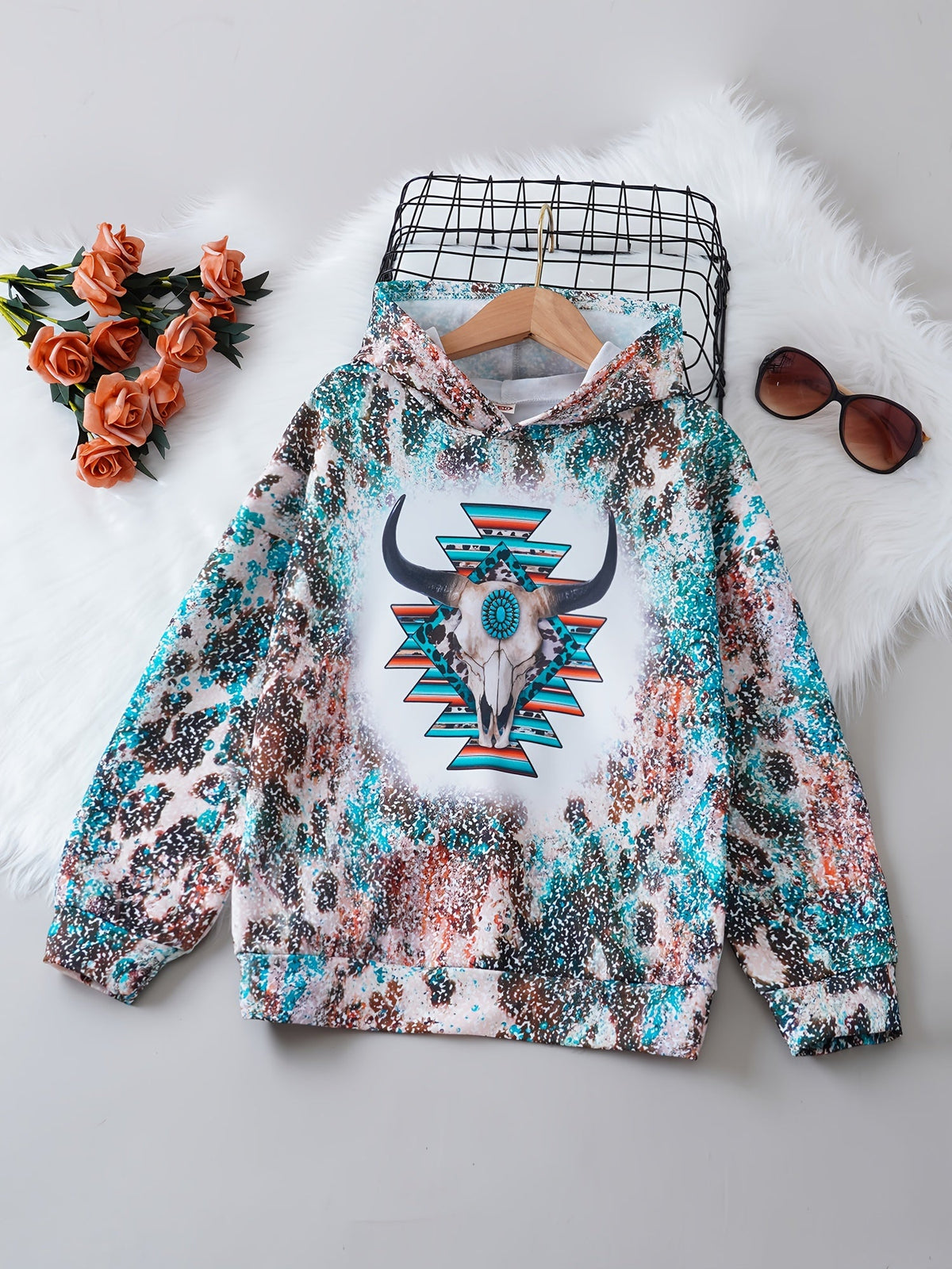 Girls' Bull Head Print Hooded Sweatshirt – Soft, Casual, and Stylish for School and Outdoor Activities