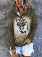 Women's Long Sleeve Hoodie with Letter & Cow Pattern, Kangaroo Pocket & Button Front – Ideal for Everyday Wear