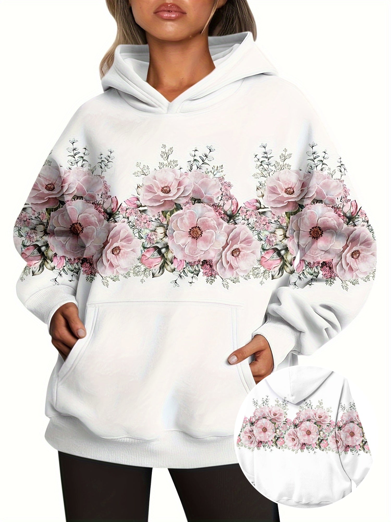 Women's Floral Print Hoodie with Kangaroo Pocket, Soft Long Sleeve Sweatshirt – Perfect for Daily Wear and Travel